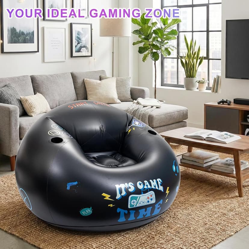 Inflatable Gaming Chair for Kids and Teens with Cup Holders and Side Pocket, Blow Up Bean Bag Gaming Chair for Boys, Comfortable Inflatable Lounge Seat for Gamer Room Decor and Boys Room Furniture