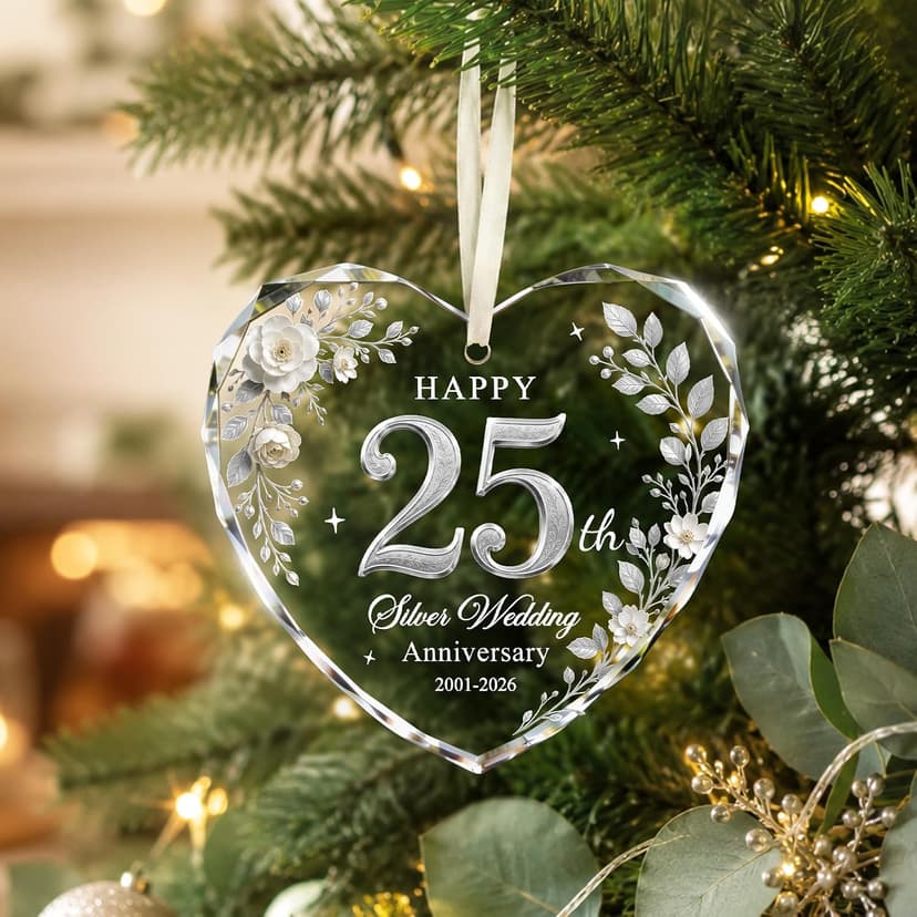 Glass 25th Anniversary Gifts for Couples Wife Husband Parents, 25 Year Anniversary Ornaments for Christmas Tree Decorations 25th Wedding Anniversary Ornament, Happy 25th Silver Anniversary Keepsake B0HFJ9P8KK