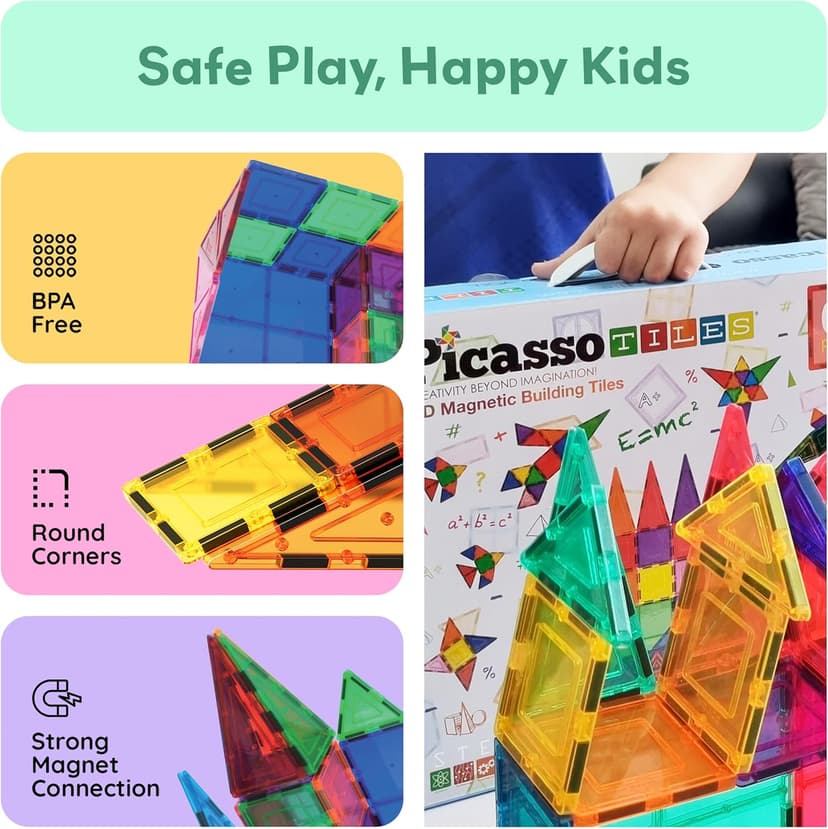 No-limit scalable builds, hands-on magnet polarity fun, family group play, quick assemble & store, shape & color recognition PicassoTiles 100 Piece Magnetic Tiles, Clear 3D Building Blocks for Kids 3+ B00AU56C5W