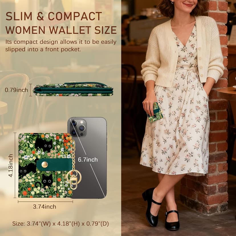 Jogjam Black Cat Floral Rfid Women Wallet, Small Slim Thin Credit Card Wallet, PU Leather Bifold Cash Zipper Coin Pocket ID Window for Female Ladies Teen Girls Girly