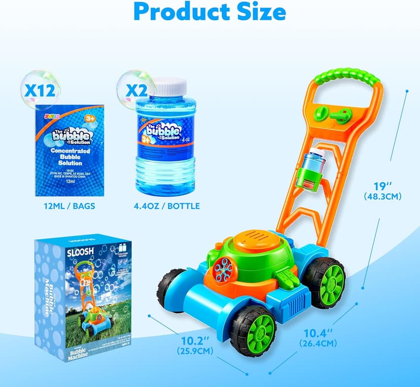 SLOOSH Bubble Lawn Mower Toddler Toys - Spill-Proof Bubble Machine Pretend Gardening Play Toy for Age 1 2 3 1-3 Year Old Baby Boys Indoor Outdoor Use, Push Toys Xmas Christmas Birthday Gifts (Blue)