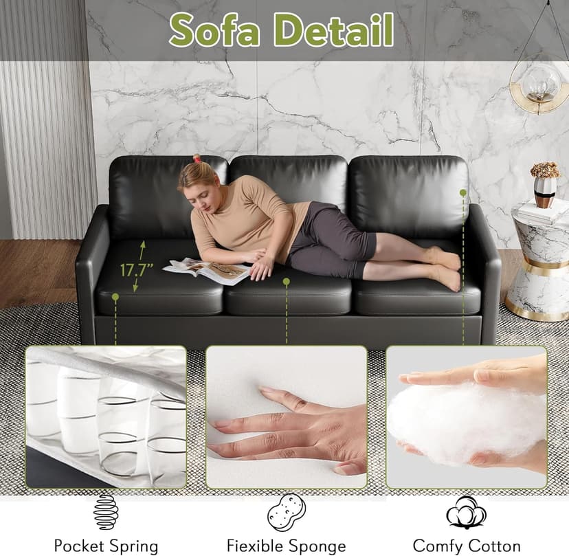 STHOUYN 72" W Faux Leather Black Sofa 3 Seat Couch, Modern Comfy Couch with 2 USB, Small Couches for Living Room Apartment Bedroom Small Spaces, Office(Black (Sofa))