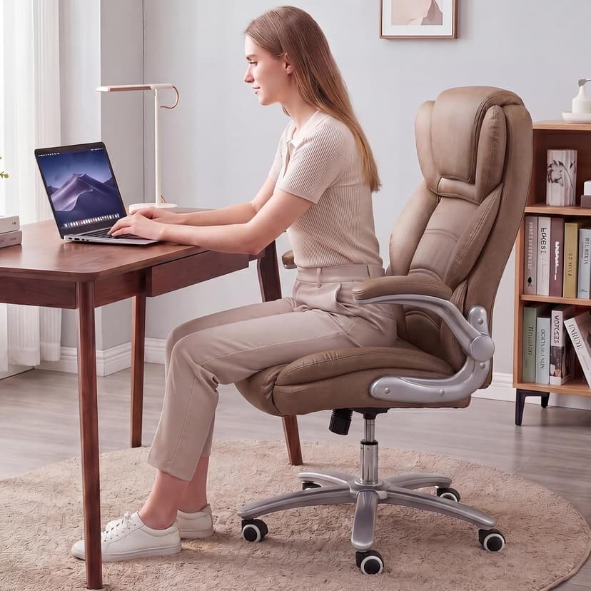 GYI Big and Tall Office Chair 400lb Wide Seat, Ergonomic High Back Leather Executive Desk Chair with Flip-up Arms, Brown