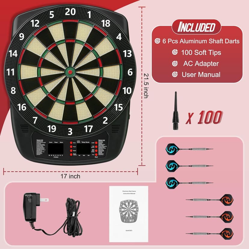 Electronic Dart Board, Soft Tip Dartboard Set 40 Games, 427 Variants Digital Electric Dart Boards with Colorful LED, 6 Darts, 100 Tips, Power Adapter