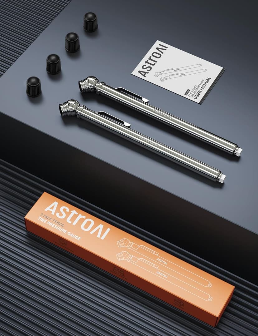 AstroAI Pencil Tire Pressure Gauge 2 Pack 10-75PSI, Calibrated to ANSI B40.1 Grade B (2%), Stainless Steel Body, Metal Made Nozzle 3 Measurements for Cars, Bikes, Vehicles