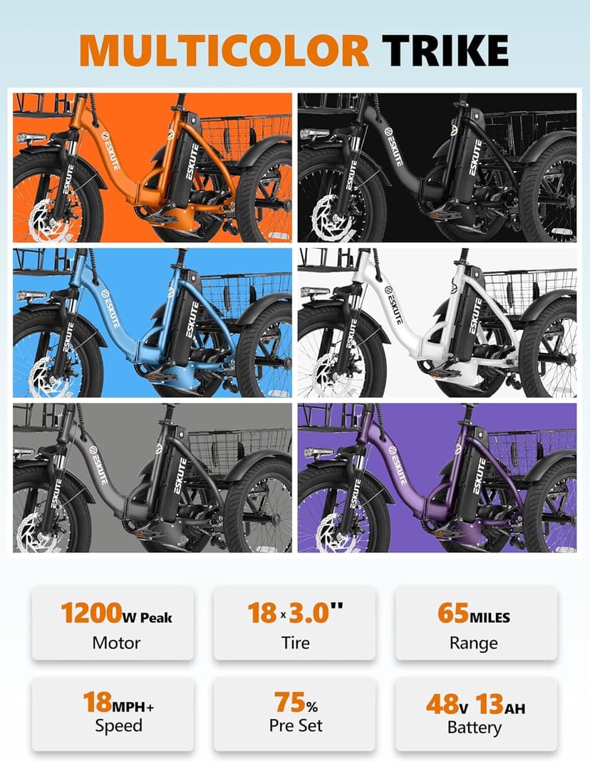 T300 Adults Electric Trike Bike, 1200W Peak Motor & 624Wh Removable Battery,18x3.0 Fat Tire Foldable 3-Wheel E-Bike with Step-Thru Design, Up to 65 Miles, Gift for Parents