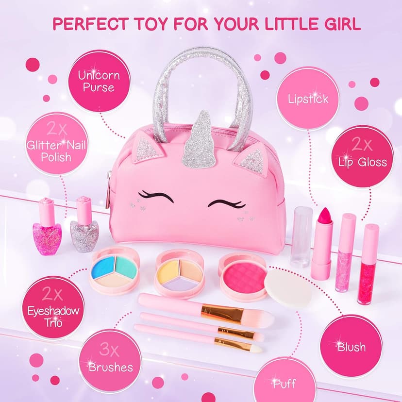 Pink Unicorn Toys for Girls Age 4-6, 5 Year Old Girl Birthday Gift Idea, Toddler Little Girl Gifts 3 4 5 6 7 8 9 10 Years Old Kids Real Makeup Kit with Unicorn Purse Non Toxic Washable Make Up Set B08JD776XX