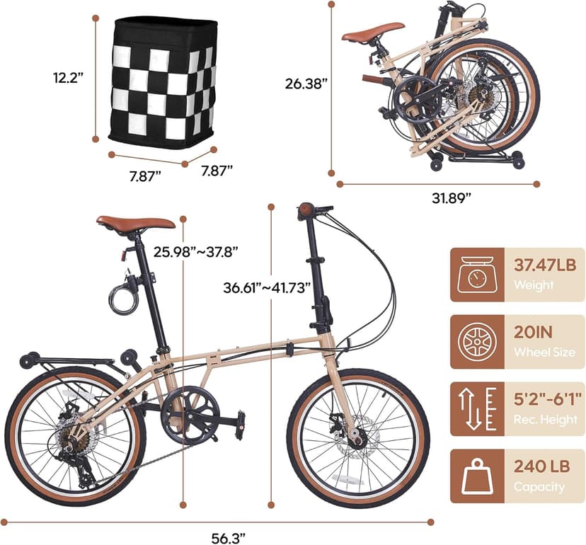 20 Inch Folding Bike for Adults, 7-Speed Foldable Bike for Women & Men, Foldable Bicycle with Dual Disc Brake, Portable Commuter City Bikes with Adjustable Saddle