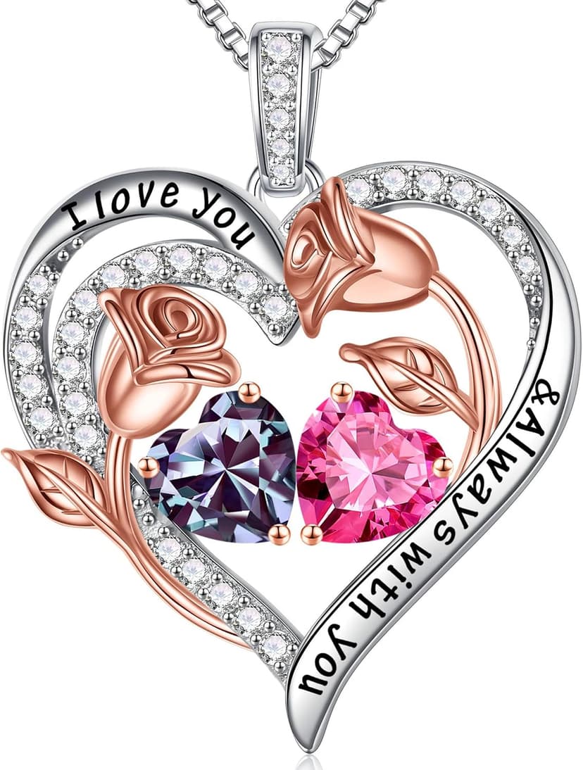 925 Sterling Silver, Gift Box Packaging, Anniversary Birthday Gifts for Wife Mom Daughter Iefil Birthstone Necklace for Women - Rose Heart Necklace B0CJV8W2XC