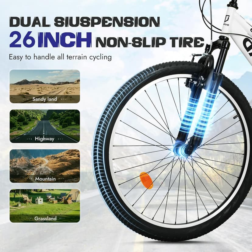 Outroad 26 Inch Mountain Bike, 7-Speed/High-Carbon Steel/Aviation Grade Frame with V Brake, Adjustable Ergonomic Seat Bicycle for Men Women Adult, MTB with Shock Absorption System