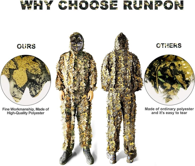 Ghillie Suit Outdoor Leafy Suit for Hunting Super Lightweight Hooded Camouflage Including Clothes Gloves Face Mask and Bag