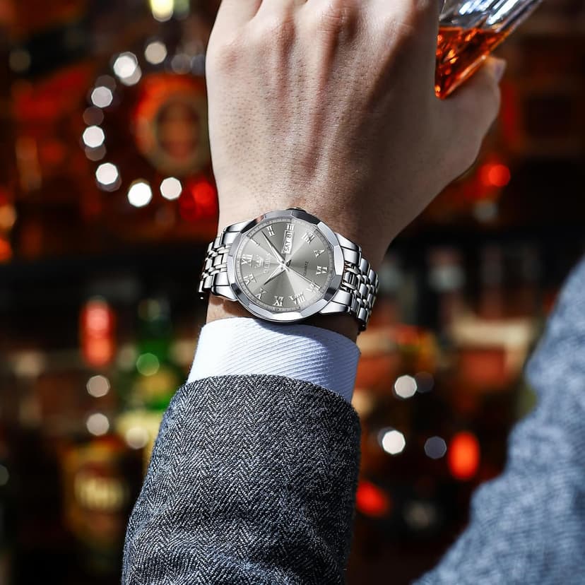 OLEVS Mens Silver Watches Luxury Waterproof Silver Watch for Men Analog Quartz Stainless Steel Men's Dress Watches Classic Casual Wrist Watch Large Face with Date Relojes para Hombres