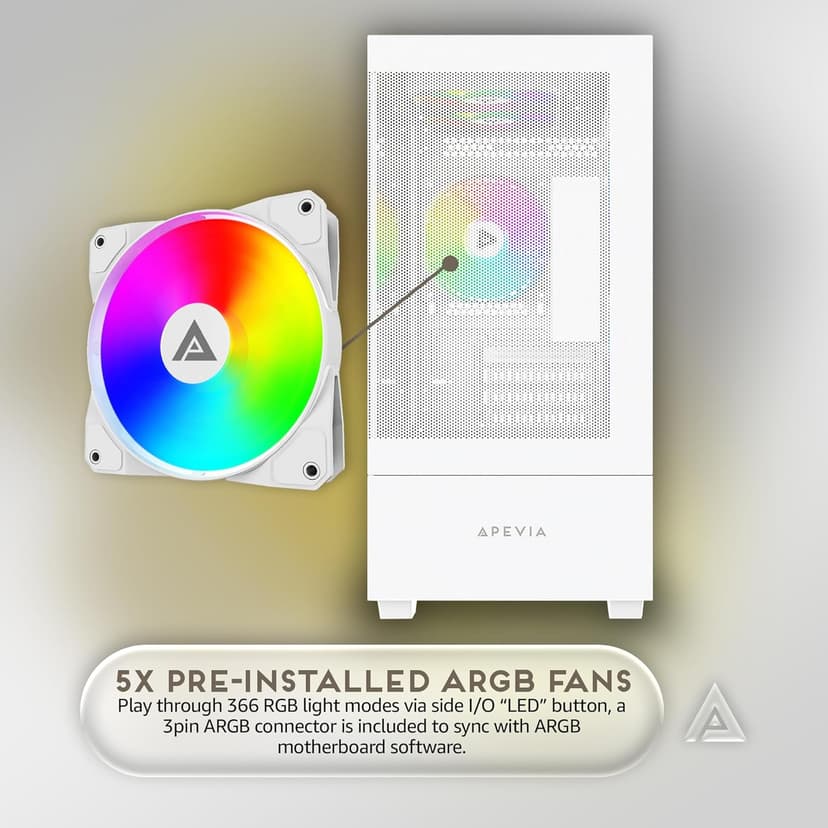 Apevia Phantom-MESH-WH Phantom Micro-ATX Dual-Chamber Mesh Gaming PC Case w/ 5X 120mm ARGB Fans, 366 RGB Modes, Mesh Airflow Performance Front Panel, 240mm Radiator Support, 2X USB3.0, HD Audio, White