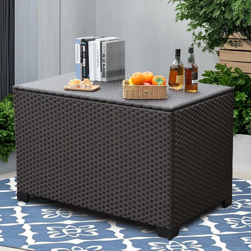 140 Gallon Outdoor Storage Box Wicker Pool Storage Bin with Waterproof Lining Bag Deck Box and Cushion Storage Bin Outdoor, Brown