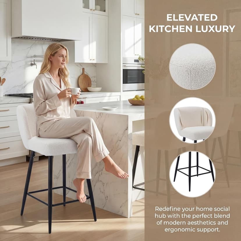 Modern Counter Height Bar Stools Set of 2, 26 Inch Faux Sherpa Upholstered Bar Stools with Back, 18" Seat Wide Island Stools with Black Metal Frame for Kitchen Counter/Breakfast Bar/Restaurant, White