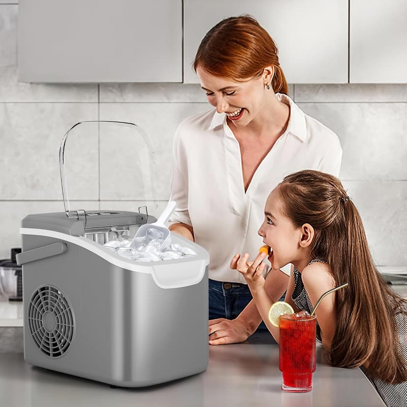 Portable Countertop Ice Maker Machine with Handle, 9 Bullet-Shaped Ice Cubes Ready in 6 Mins, 26Lbs/24H, Self-Cleaning Function with Ice Scoop and Basket for Home/Kitchen/Party (Grey)