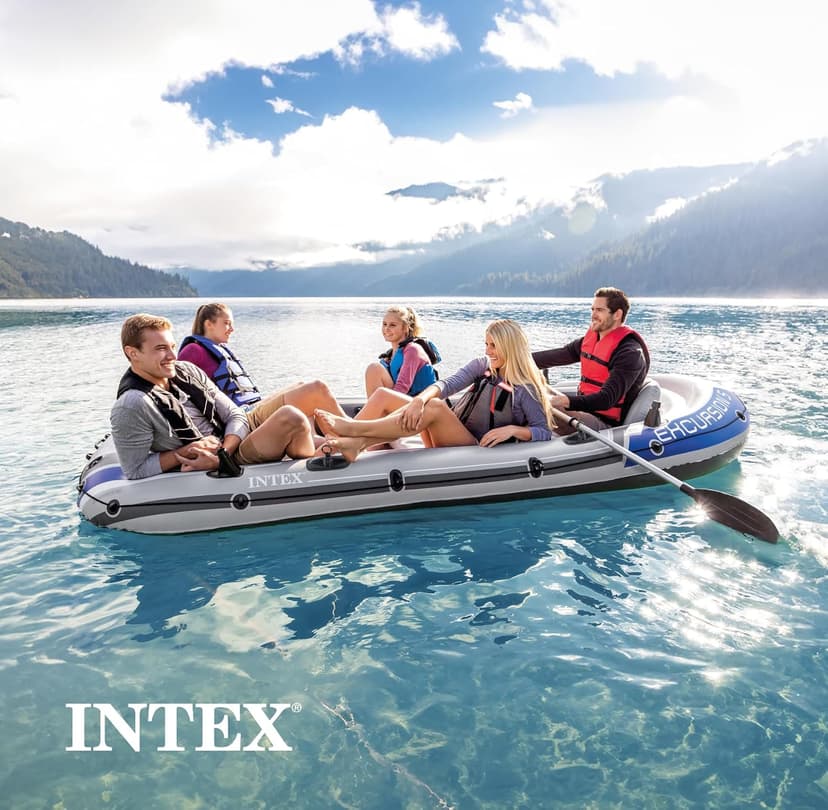 Intex Excursion 5 Person Inflatable Outdoor Fishing Raft Boat Set with 2 Aluminum Oars and Air Pump with a Intex Composite Motor Mount Kit