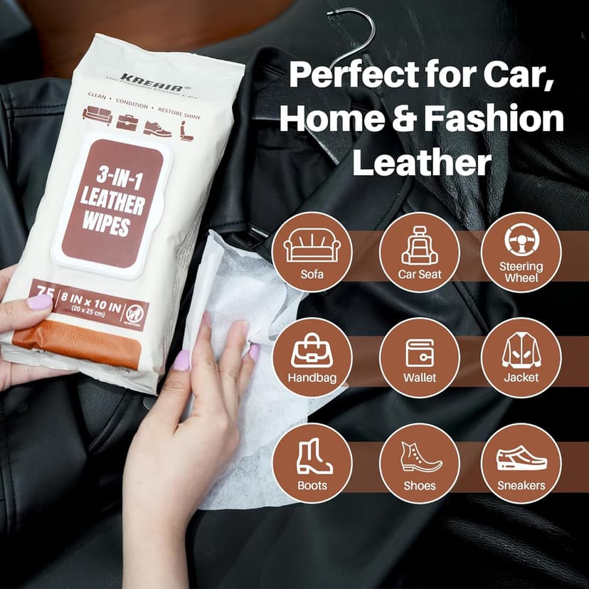 Kreair 3in1 Leather Wipes 75 XL Count, Clean, Condition & Restore Shine, Extra-Large 8"x10" Wipes for Car Seats, Shoes, Furniture & Bags, Thick, Durable & Non-Linting, Safe for All Leather Types