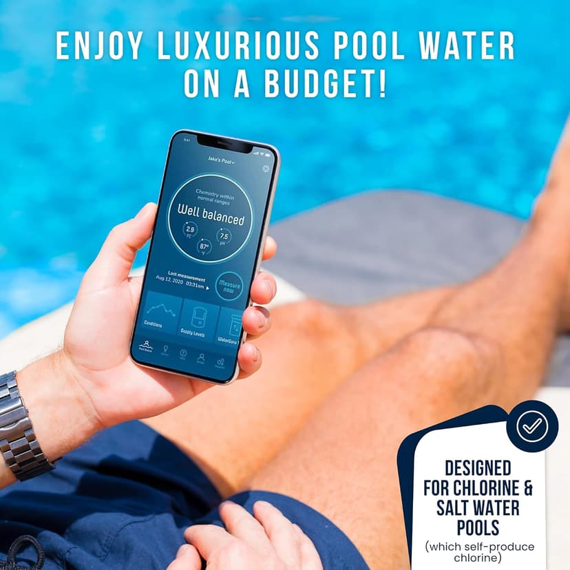 WaterGuru Sense S2 Smart Pool Monitor – Digital Pool & Spa Water Tester for Chlorine, pH, CYA & Alkalinity – Wi-Fi Enabled – Includes C5 Cassette, Float Ring & Batteries