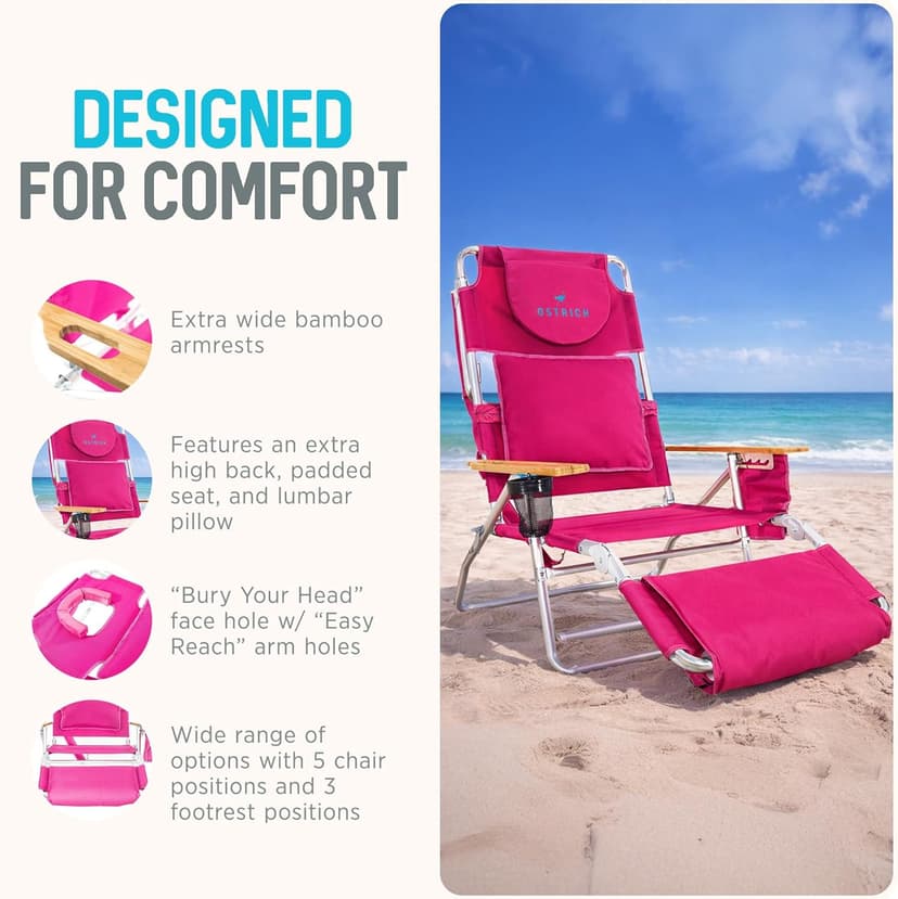 Ostrich the Deluxe 3N1 Lightweight Lawn Beach Reclining Lounge Chair with Footrest, Outdoor Furniture for Patio, Balcony, Backyard, or Porch, Pink