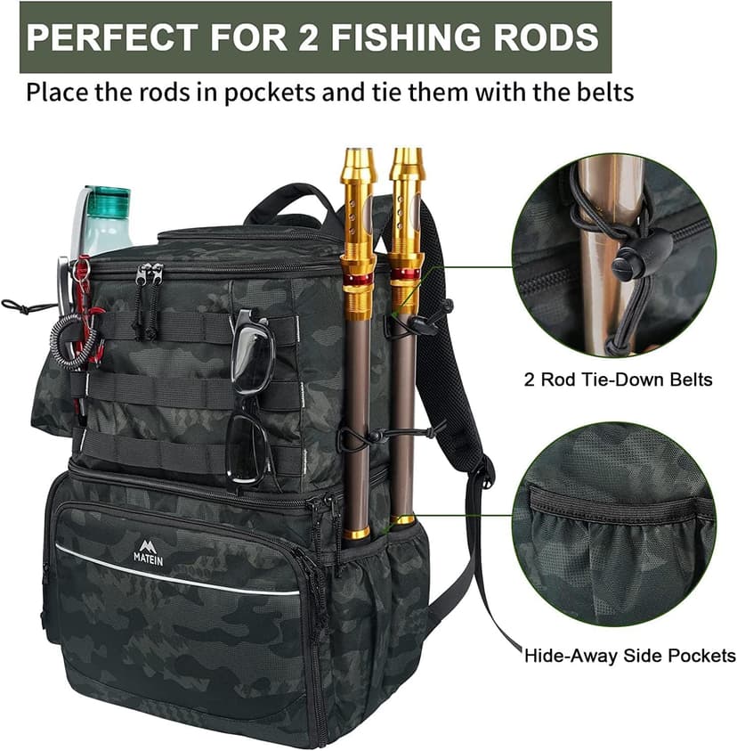 Water Resistant Fishing Bag Fits 4 3600 Trays, Large Wide Open Tackle Box Backpack, Gifts for Fishermen MATEIN Fishing Backpack, Tackle Storage Bag with Rod Holders & Cooler B09PTHT4H5