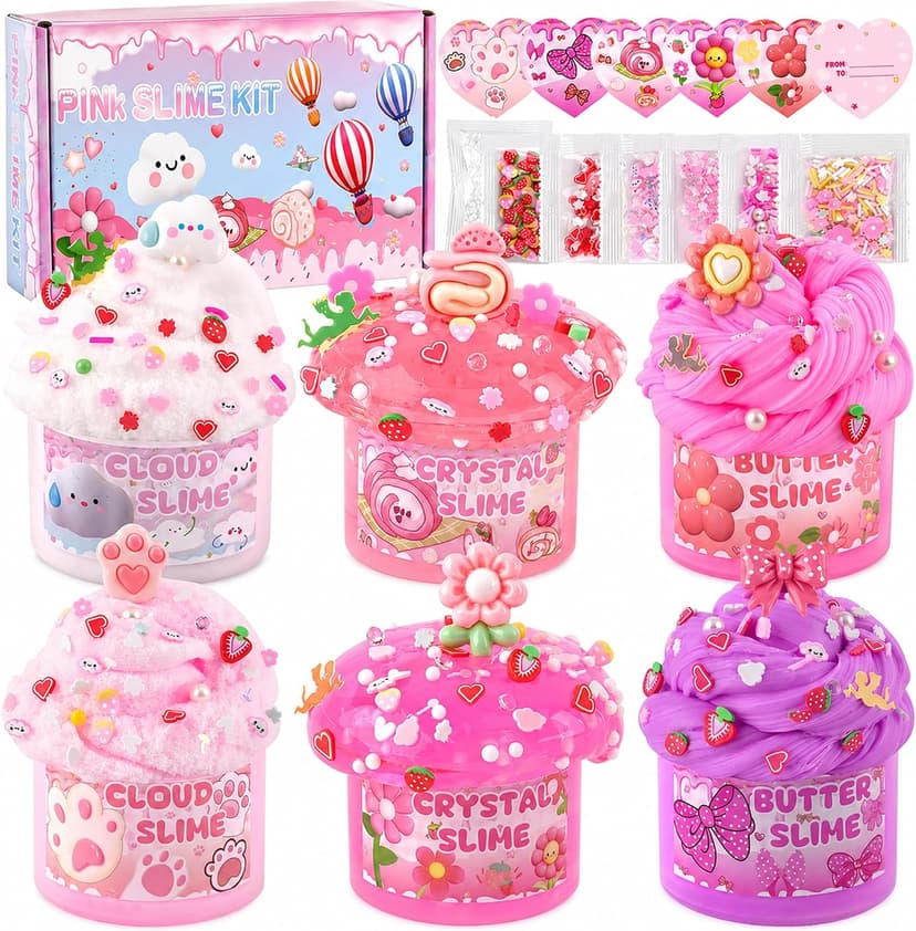Party favor, goodie bag stuffer, Easter basket filler and sensory toy for kids ages 4-10 6-Pack Pink Slime Kit for Girls, Cloud Butter Squishy Birthday Gift Set B0CYT6D2ZS