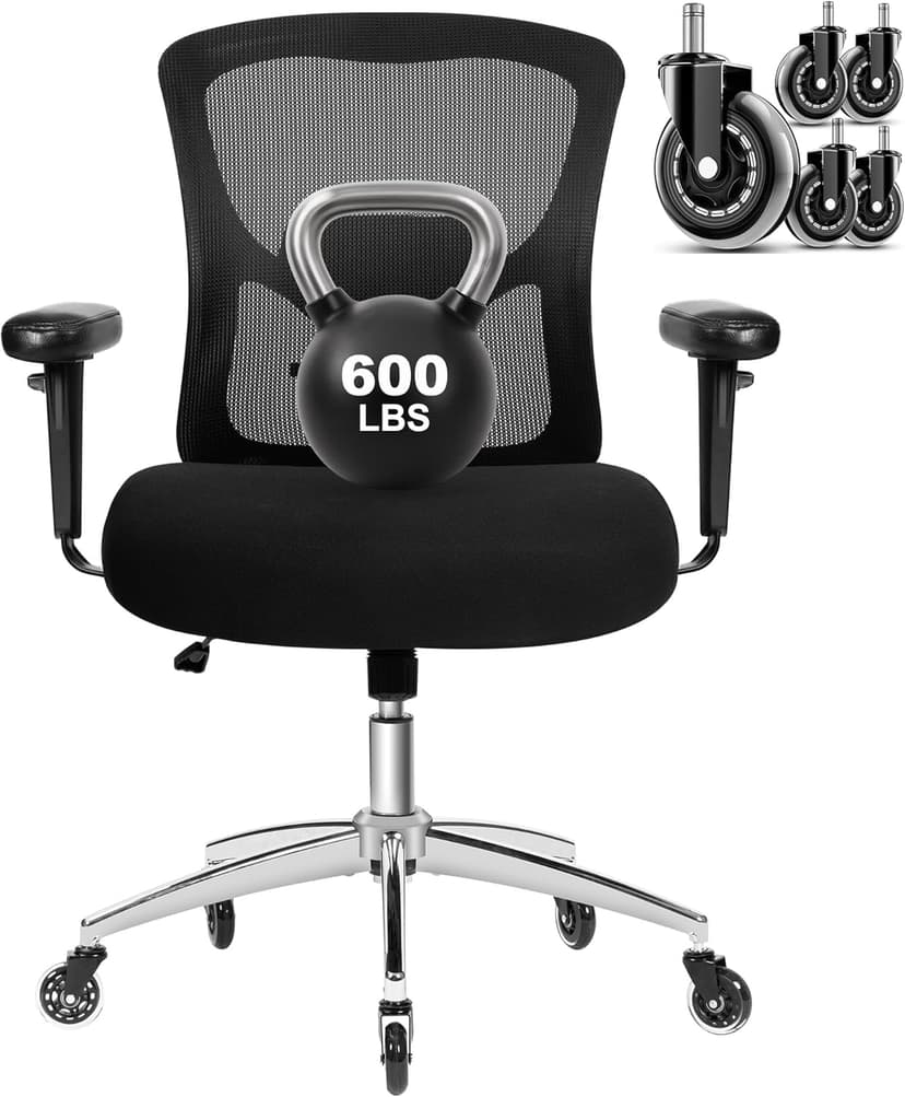 Big and Tall Office Chair 600lbs, Heavy Duty Ergonomic Mesh Chair, Computer Executive Desk Chair with Wide Thick Seat, Adjustable Armrests, Lumbar Support (Black, 601LBS) (Black, 601LBS)