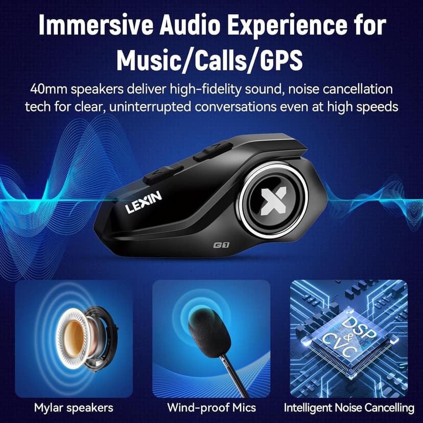 LEXIN G1 Motorcycle Helmet Bluetooth Headset, Helmet Speakers with 2 Type Microphones, Waterproof Motorcycle Headphones with HD Stereo Sound, Hands-Free Call/Music/GPS, 4 Color Faceplates, Single Use