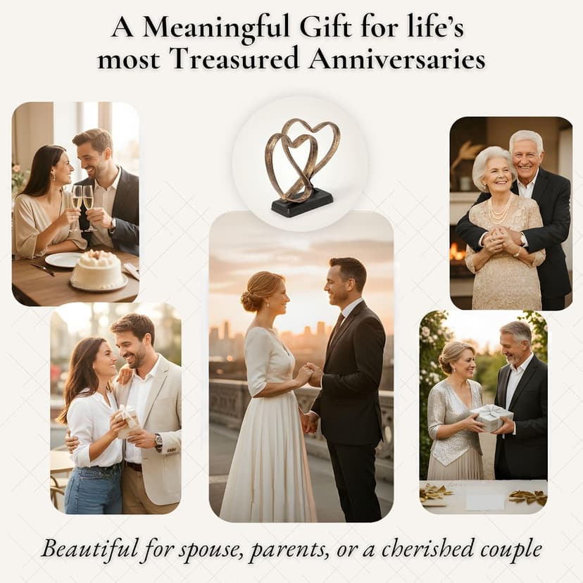Wedding Anniversary Couples Gift - Two Hearts and Cross Iron Sculpture, Heart Decoration Gift for Her and Him, 1st to 50th or 60th Anniversary, Includes Present Box and Poem Card