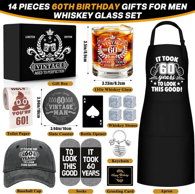 60th Birthday Gifts for Men Whiskey Glass Set, 60th Birthday Party Supplies with 11 Oz Whiskey Glass Coaster Stone Baseball Cap Apron Sock Funny Toilet Paper Keychain for Him, Dad, Husband, Friends
