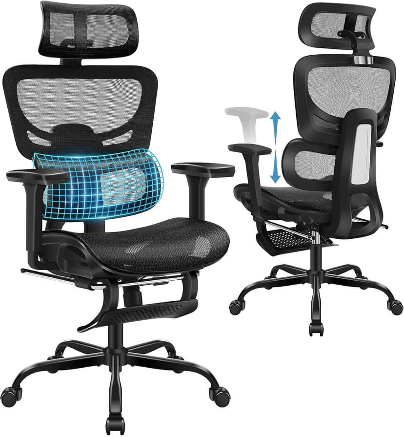 AreShark Office Chair Ergonomic Desk Chair,High Back Computer Chair with 3D Headrest & Armrests,Gaming Chair with Lumbar Support,90-135°Tilt Lock Mesh Office Chair with Footrest,Wheels,Black
