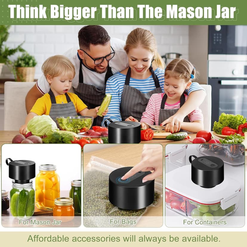 Electric Mason Jar Vacuum Sealer: Upgraded 3-in-1 Portable Vacuum Sealer Kit - for Mason Jars Vacuum Seal Bags & Containers - Ideal for Jams Pickles Dry Foods Grains Black