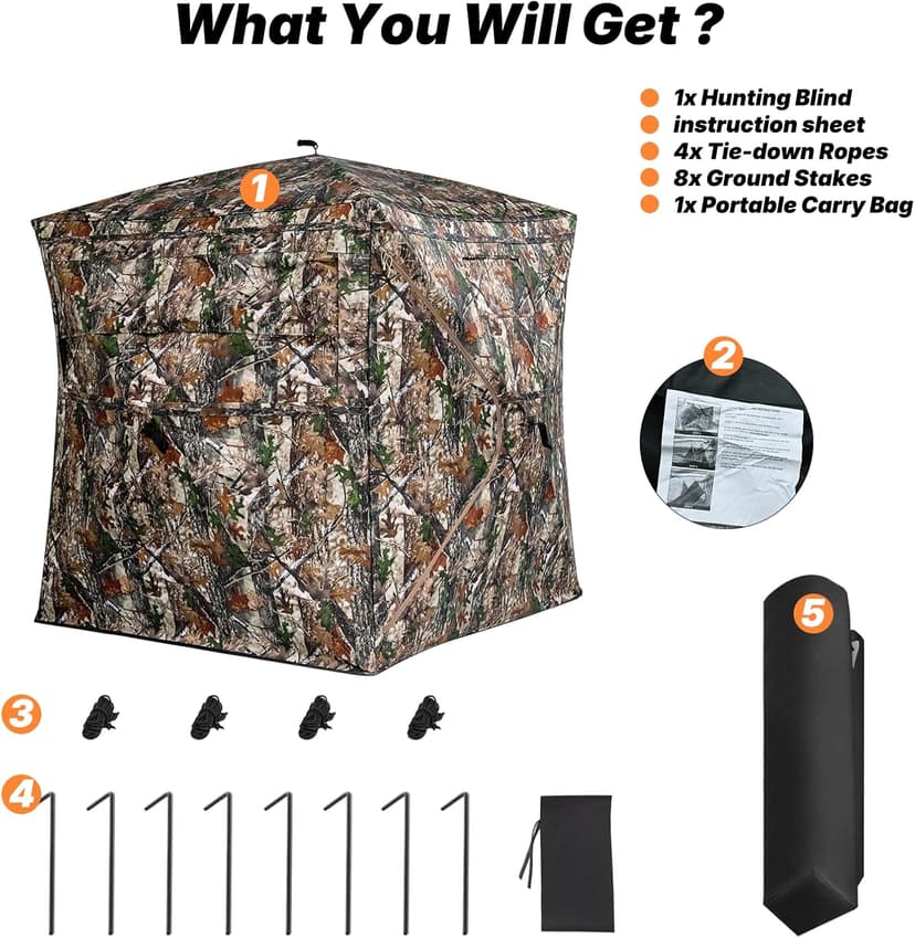 Hunting Blind 360 Degree See Through, 2-3 & 3-4 Person Pop Up Ground Blind for Deer and Turkey, Portable Camouflage Tent with Quiet Zipper Door and Carrying Bag