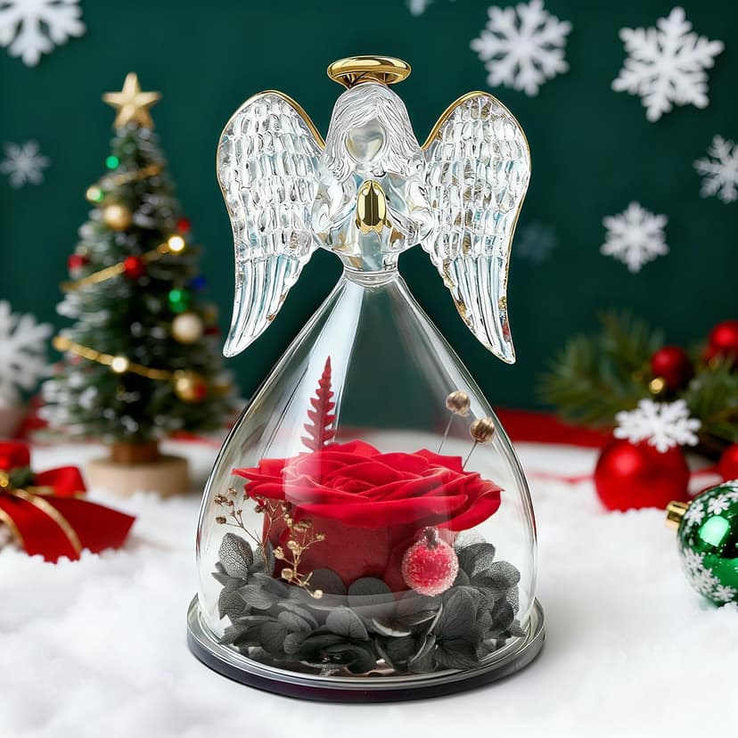 Miofula Preserved Flower Rose Birthday Gifts for Mom, Angel Figurines with Forever Real Rose Gifts for Her Mom Grandma, Unique Angels Gifts for Mothers Day Christmas Anniversary Birthday (Red)