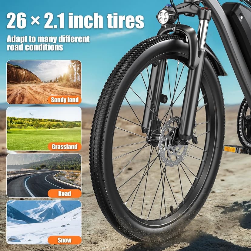 Electric Bike for Adults, 26" Commuter Ebikes with 7-Speed Gears, 25MPH Lightweight E Bike, 720W Peak Motor, 375Wh Removable Battery, 50 Miles Range, Electric Mountain Bicycle for All Terrain