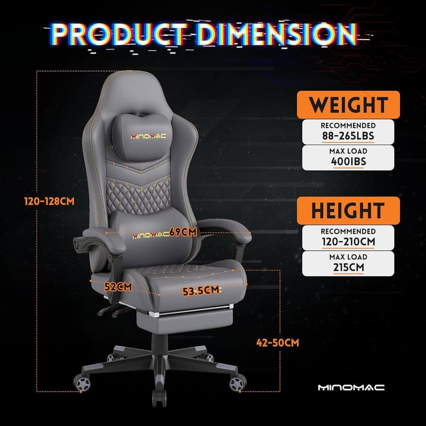 Gaming Chair,Ergonomic Computer Gaming Chair,400lb Load-Bearing,Retractable Footrest/Waist Support/Ergonomic Backrest[Spring + 4D Sponge] (Grey)