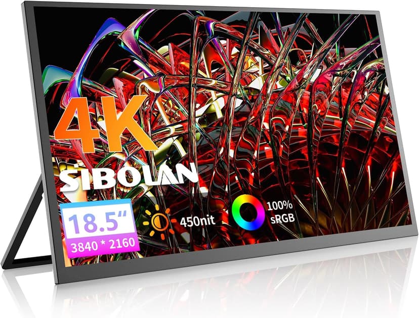 4K Portable Monitor 18.5" 3840x2160 UHD USB-C HDMI for Laptop, 1000:1, 100%sRGB, Built-in Stand & VESA Mount, 8Bit IPS Computer Gaming Display Travel Monitor for Desktop Mac Phones Tablet PS5/4 Switch