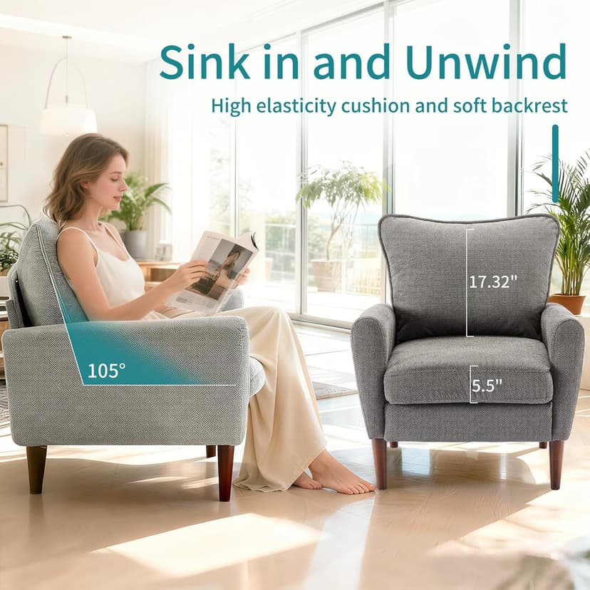 OLIXIS Comfy Accent Chair for Living Room Bedroom and Waiting Room, Upholstered Mid-Century Reading Chair with Pillow and Solid Wood Legs, Wide Singe Modern Lounge Sofa (Gray)