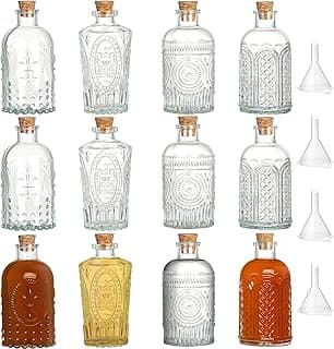 12 Pack 6oz Glass Bottles with Cork Stoppers, 200ml Clear Glass Liquor Bottles with 4 Vintage Patterns, Refillable Whiskey Bottles for Wine, Oil, Vinegar, Kombucha, Wedding Favors