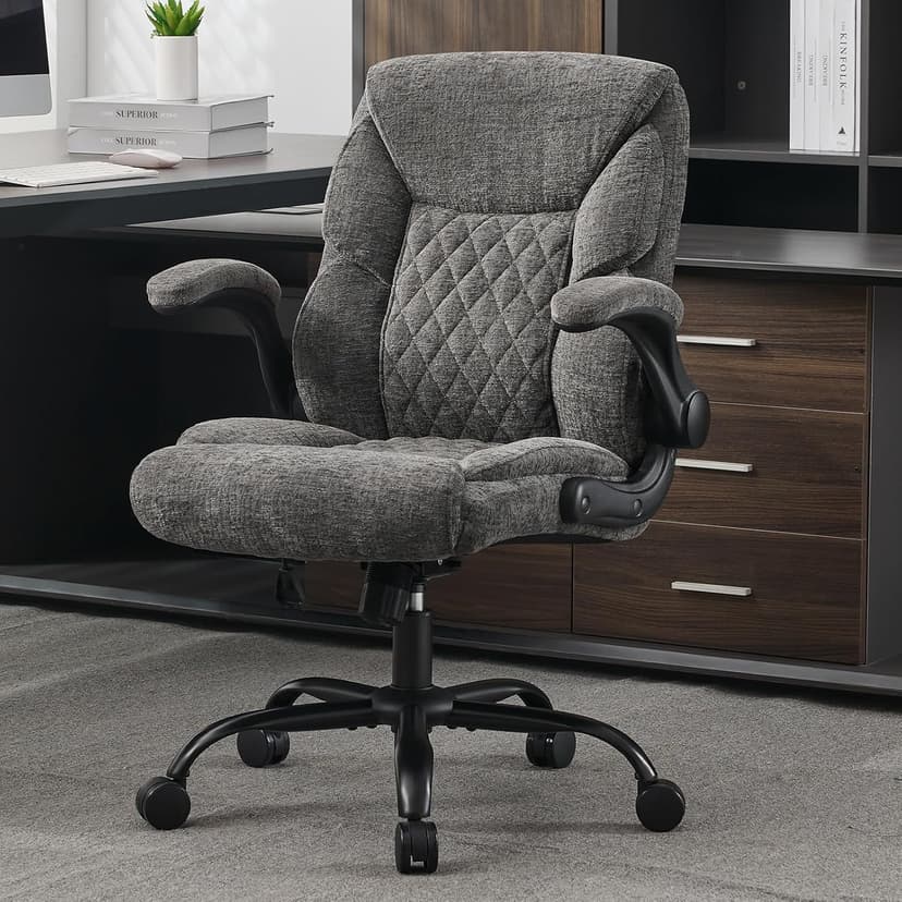 Cloth Office Chair Mid Back Ergonomic Computer Chair Comfortable Fabric Padded Home Office Desk Chairs with Flip-up Arm Rest Adjustable Height Swivel Wheels for Short People Use | Grey
