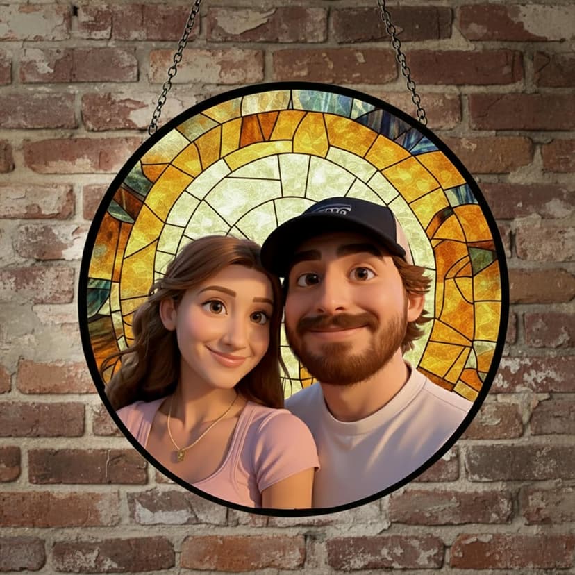 Personalized Couple Glass Cartoon Portrait Suncatcher, Custom Photo Art Window Hanging, Stained Glass Style Gift for Couples, Anniversary Wedding Gift for Valentine