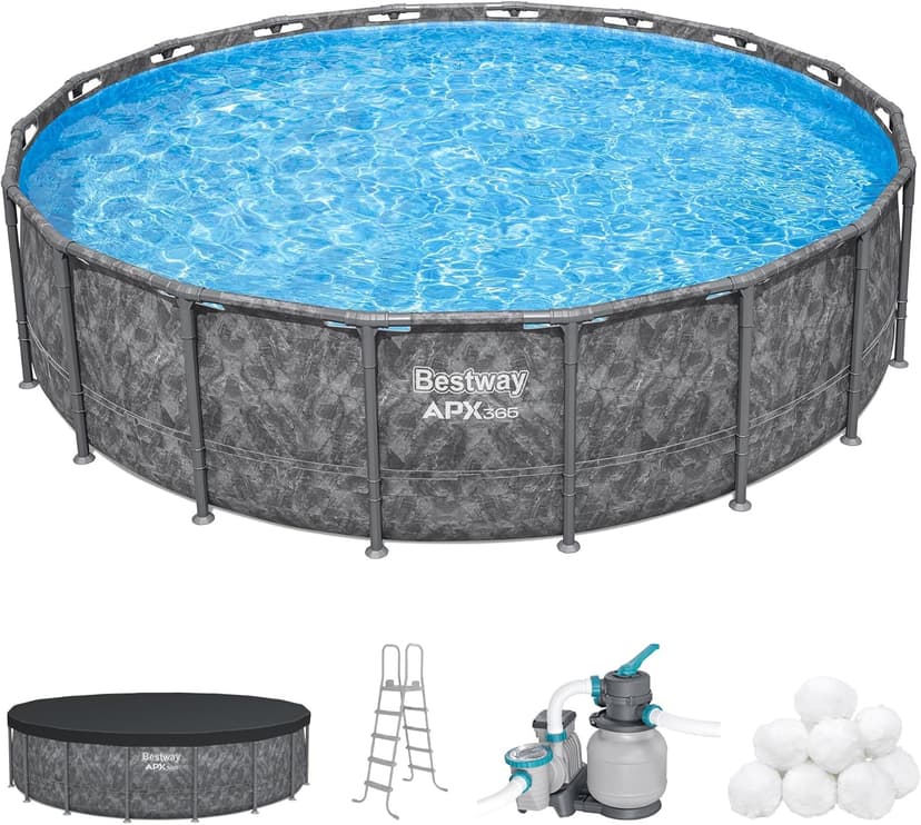 Bestway APX 365 18' x 52" Above Ground Pool, Round Metal Frame Outdoor Swimming Pool Set with Sand Filter Pump, Ladder, and Cover, Dark Marble