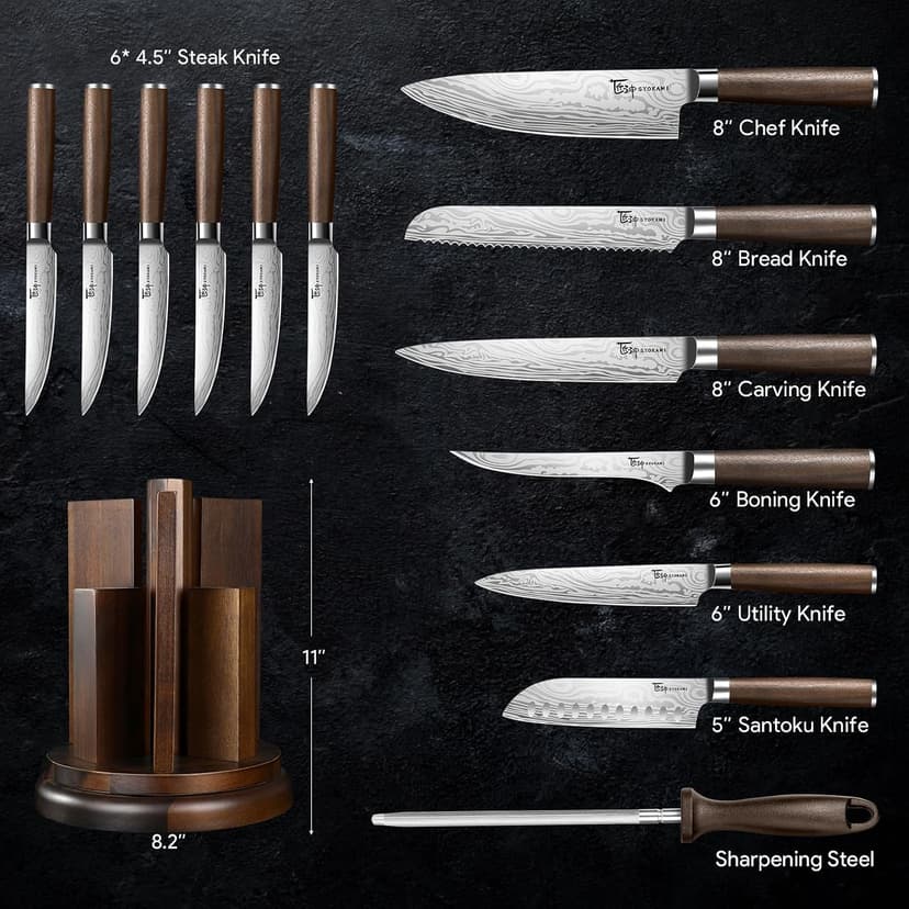 360° Rotatable Block, Japanese Style Chef Knife & Steak Knife Set with Sharpener, Wood Handle, Damascus Pattern, Ideal Gift SYOKAMI 14-Piece Kitchen Knife Set with Magnetic Block, New for 2026 B0CB122YV5