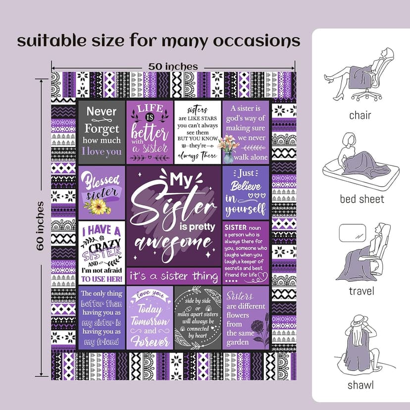 Sister Gifts Blanket, Happy Birthday Gifts for Sister, Unique Gift for My Dear Sis on Mothers Day Christmas - Soft Throw Blanket 60" x 50 (Purple)