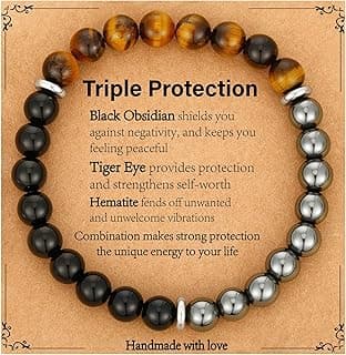 Bracelet Gifts for Men, Triple Protection Black Obsidian Hematite Tiger Eye Beaded Natural Stone Bracelets Birthday Christmas Stocking Stuffers Healing Jewelry Gifts for Him