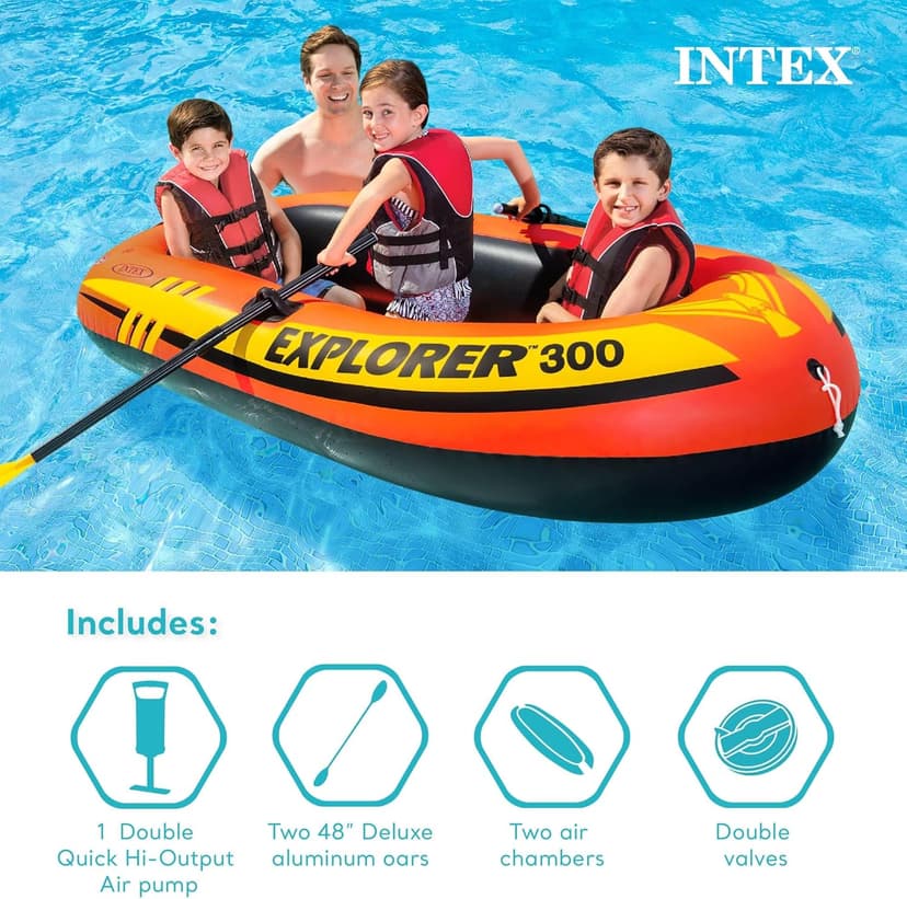 INTEX Explorer Compact Inflatable Boat Series: Dual Air Chambers – Welded Oar Locks – Grab Handles – Bow Rope – Sporty Design