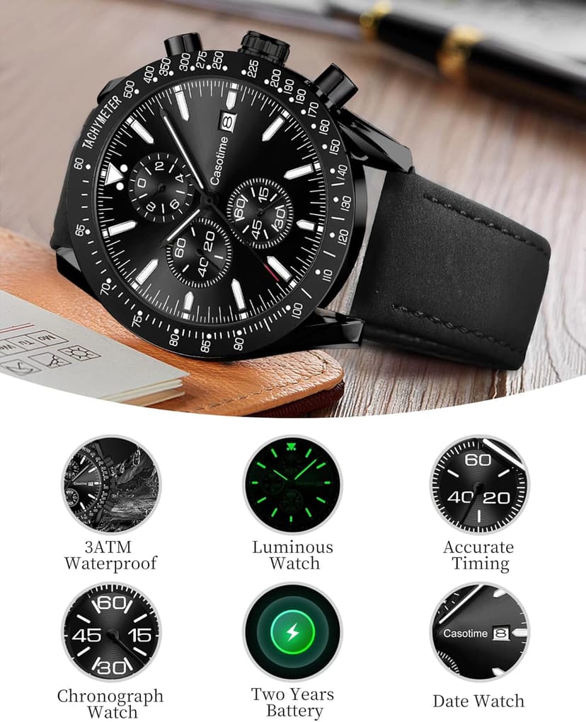 Casotime Men's Leather Band Chronograph Watch - 30M Waterproof Big Face Analog Quartz Date - Work Sport Casual Classical Fashion Designer Dress Wrist Watch - Elegant Gift for Men