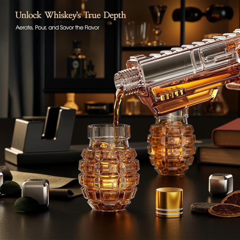 Kollea Whiskey Decanter Set with Grenade-Shaped Shot Glasses, Anniversary Birthday Gifts for Men Who Have Everything, Whiskey Gifts for Father, Husband, Boyfriend & Military Enthusiasts, Christmas