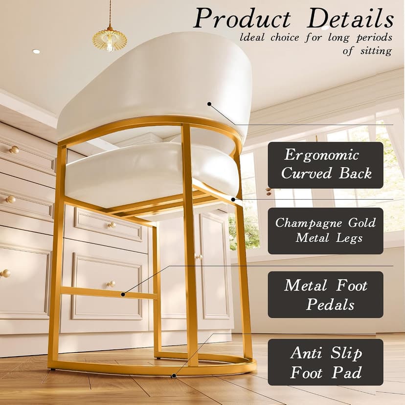 Modern Counter Height Bar Stools,Bar Stools Set of 3,PU Leather Upholstered Barrel Barstools with Backs,26" Kitchen Island Chairs,Metal Gold Frames,Beige White Leather