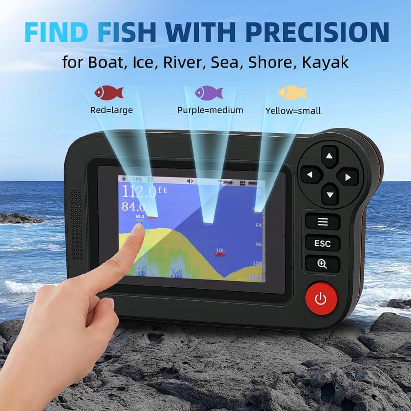 Portable Rechargeable Fish Finder, Wireless Sonar FishFinder, Castable Kayak Depth Finder with 105° Beam Angle and TFT LCD Display, 2.6-164 FT of Depth Locator, for Shore, Sea ＆ Ice Fishing